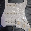 Bílá pickguard s perleťovým vzorem pro elektrickou kytaru. Je na ní osazeno tři snímače, přičemž u horního a prostředního je uveden nápis „R.M. picku…