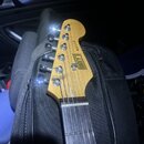 Fotografie zachycuje hlavu a část hmatníku elektrické kytary z přírodního dřeva. Na hlavě je černý nápis „HENRY'S“ a vedle něj menší nápis „RELIC“. P…