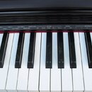 Detailní záběr na klávesnici digitálního piana s bílými a černými klávesami. Nad klávesami je ovládací panel s nápisy: GRAND PIANO 2, PIANO 1, PIANO…