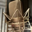 Kondenzátorový mikrofon v béžovém nebo zlatavém provedení s kovovou mřížkou. Je umístěn v odpružíného držáku (shock mount) stejné barvy. Na těle mikr…