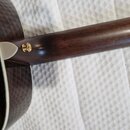 Detail zadní strany akustické kytary v místě spoje krku s tělem. Krk je vyroben z tmavého dřeva a v místě spoje je viditelný jeden zlatý šroub. Tělo…