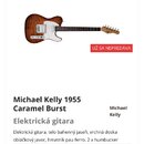 Snímek zachycuje screenshot z e-shopu s elektrickou kytarou v barvě Caramel Burst. Nástroj má hnědé dřevěné tělo s viditnou strukturou zrn, bílý pick…