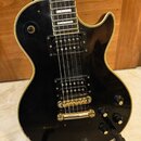 Černá elektrická kytara s jednodrážkovým tělem a bílým lemováním hran. Má dva humbuckery, zlatý kobylník a čtyři černé ovládací knoflíky. Na hmatníku…