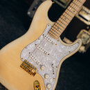 Elektrická kytara s krémovým povrchem těla a hnědým hmatníkem. Má bílo-perleťový pickguard, zlatý most a zlatý vstup pro kabel. Na snímačích jsou vid…