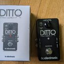 Černý efekt pedál s nápisy DITTO STEREO LOOPER a tc electronic. Na horní části jsou popisky LOOP LEVEL, BACKING TRACK LEVEL a STORE hold to DELETE. V…