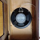 Fotografie zachycuje vnitřek dřevěného reproduktorového boxu s jedním černým reproduktorem. Na středovém krytu je bílý nápis EIGHT 15 a logo CELESTIO…