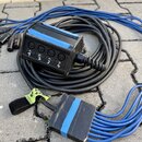 Černý rozdělovač kabelů s čtyřmi XLR konektory, které jsou očíslovány bílými číslicemi 1, 2, 3 a 4. Na horní straně rozdělovače je nalepený modrý pás…