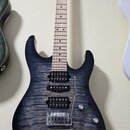 Elektrická kytara s tmavě modrým tělem s výraznou strukturou dřeva. Nástroj má tři humbuckery, chromovaný most a dva ovládací knoflíky. Na hledu není…