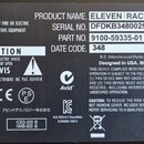 Fotografie detailu štítku s technickými údaji. Je na něm uveden PRODUCT NAME: ELEVEN RACK, SERIAL NO: DFDKB34800250B, PART NO: 9100-59335-01 a DATE C…