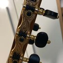 Detail hlavy hnědé kytary s ozdobným zlatým kovovým krytem. Na horní části krytu je černé pole s bílým písmenem M. Jsou vidět tři ladicí mechanismy s…