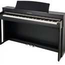 Černý digitální piano v celočerném provedení s bílými a černými klávesami. Na přední straně nad klávesnicí je bílý nápis KAWAI. Nástroj obsahuje inte…