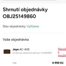 Snímek zachicuje potvrzení objednávky z e-shopu kytary. V seznamu produktů je uveden jeden kus komba pro akustické nástroje s označením Joyo AC-40S a…