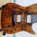Elektrická kytara s hnědým plamenovitým povrchem a vyřezaným otvorem v těle. Nástroj má dva humbuckery s bílými cívkami, čtyři otočné knofíky a přepí…