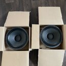 Dvě černé reproduktorové membrány umístěné v samostatných kartonových krabicích. Reproduktory mají kruhový tvar s černým povrchem a středovým kalotou…