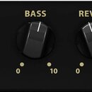 Černý panel s ovládacími prvky, který obsahuje vstup INPUT a pět otočných knoflíků s popisky GAIN, TREBLE, BASS, REVERB a VOLUME. Mezi knoflíky GAIN…
