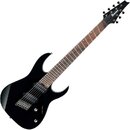 Černá elektrická kytara s hnědým hmatníkem a šesti strunami. Na hlavě je bílé logo Ibanez. Nástroj má dva humbuckery, Tremolo most a jeden ovládací k…