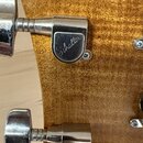 Detail hlavy kytary z masivu s výraznou dřevěnou strukturou. Jsou vidět dva chromované ladicí kolíky, z nichž oba mají vyrytý nápis Schaller. Povrch…