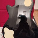 Černá elektrická kytara s lesklým povrchem. Nástroj má krémově bílý pickguard a kruhovou krytku elektroniky v horní části těla. Na povrchu není vidět…