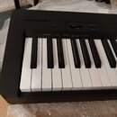 Černý digitální klavír s bílými a černými klávesami. Nad klávesami jsou nápisy: GRAND PIANO 1, GRAND PIANO 2, E. PIANO 1, E. PIANO 2, PIPE ORGAN 1, P…