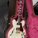 Bílá polodublová elektrická kytara v hnědém kufru s růžovou výstýlkou. Na hlavě je logo Epiphone a na hрифu jsou vložky z perlemi. Kytara má tmavě če…