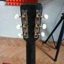Zadní strana hlavy černé kytary s kovovými ladicími mechanismy a bílými knoflíky. Na hlavě nejsou viditelné žádné značky ani nápisy. Povrch je matně…
