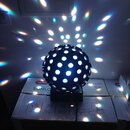 Černý kulatý disco světelný efekt s mřížkou otvorů, ze kterých vycházejí bílá a barevná světelná paprsky. Zařízení stojí na dvou kartonových krabicíc…