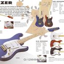 Fotografie katalogové stránky s přehledem kytar řady BLAZER značky Ibanez. Jsou zde zobrazeny čtyři modely elektrických kytar v různých barvách: červ…