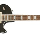 Černá elektrická kytara typu Les Paul s bílými hmatovými značkami a dvěma humbuckery. Na hlavě je vidět nápis Epiphone, Les Paul a model Les Paul Cus…