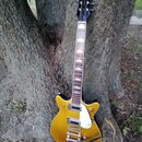 Zlatá elektrická kytara s tmavým hnedým hmatníkem a černou hlavou. Na hlavě je zlatý nápis GRETSCH. Tělo má dva snímače, bílý plechový kryt a kovový…
