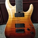 Elektrická kytara s tělem v žlutě-hnědém gradientu a plamenovitou strukturou dřeva. Nástroj má dva černé humbuckery, z nichž oba nesou nápis "Presici…