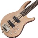 Pětystrunná elektrická basová kytara s přírodním dřevěným povrchem a tmavým hnízdem. Na nástroji jsou dva černé humbuckery, čtyři ovládací knoflíky a…