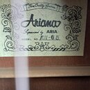 Fotografie detailu vnitřní štítku kytary. Na světle žlutém podkladu s ornamentálním rámem je uveden nápis Fine Quality Guitars, značka Ariana a text…