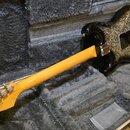 Elektrická kytara v otevřeném kufru s šedým polstrováním. Tělo kytary je černé s ornamentálním vzorem paisley a krk je vyroben ze světlého dřeva. Na…