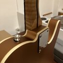 Detail zadní strany hnědé kytary s bílým lemováním hran. Na těle je vidět kovový kryt elektroniky s vyrytou stylistickou číslicí 5. Krk nástroje je v…