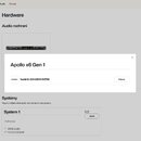 Snímek zachicuje screenshot z uživatelského účtu na webové stránce. Vprostřed je otevřené okno s textem Apollo x6 Gen 1 a číslem Seriál #: 2244201910…