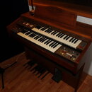 Dřevěný dvoumanuálový organ s pedálboardem. Na ovládacím panelu jsou umístěny přepínače a potenciometry, v horní části je dřevěné víko. Nástroj vykaz…