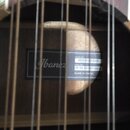 Detail vnitřku akustické kytary s viditelnou štítkovou nálepkou. Na nálepce je logo Ibanez a text MODEL NO. AEG1012I-DVS, SERIAL NO 2Y-08 CS10051001…
