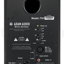 Zadní strana černého studiového monitoru značky ADAM AUDIO z Berlína. Je zde uveden model T5V a sériové číslo *T5BF01886*. Na zadním panelu se nacház…