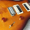 Elektrická kytara s tělem v žlutě-hnědém sunburst provedení a viditelnou strukturou dřeva. Nástroj má dva humbuckery s bílými rámečky a chromovaný mo…