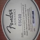 Oválná bílá nálepka s černým textem uvnitř akustické kytary. Je na ní uveden nápis Fender ACOUSTICS a Model: ESC80. Dále text Made in accordance to s…