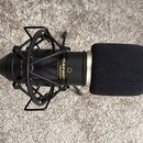 Černý kondenzátorový mikrofon s nasazenou černou větropasicí. Na těle mikrofonu je zlatý nápis marantz PROFESSIONAL a dále nápis MIF-100C. Mikrofon j…