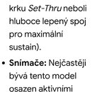 Fotografie obsahuje screenshot s textem v češtině. Text popisuje technické specifikace hudebního nástroje, konkrétně tělo a krk z mahagonu s konstruk…