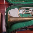 V zeleně vystlaném kufru leží mosazná truba. Na povrchu nástroje je viditelný nápis „L 18370“. Povrch instrumentu vykazuje známky opotřebení a patiny…
