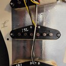Tři elektrické kytarové snímače s černými plastovými kryty, které jsou připevněny na bílý pickguard s hliníkovým stíněním. Na krytech jsou ručně naps…