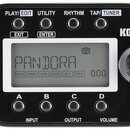 Černý kytarový procesor značky KORG s LCD displejem, na kterém je nápis PANDORA a hodnoty DYNA, AMP, CAB, MOD, DLY, REV a číslo 000. Zařízení má v ho…