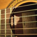 Detail akustické kytary s viditelným hradlem a rozetou. Uvnitř korpusu je nalepený štítek s nápisy YAMAHA a G-231. Kolem otvoru korpusu je ozdobná in…