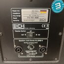 Fotografie zadní strany reproduktoru značky EICH AMPLIFICATION. Na bílém štítku jsou uvedeny parametry: Power rms 300 Watts, Impedance 8 Ohms, Freq.…