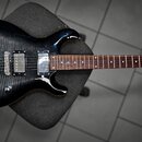 Černá elektrická kytara s tmavým slibovkovým vzorem na těle a hnědým hmatníkem. Na hlavě nástroje je bílý nápis Takamine. Kytara má dva humbuckery s…