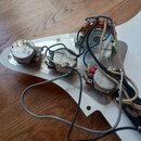 Fotografie zachycuje vnitřní elektroniku elektrické kytary s několika potenciometry a přepínačem. Na kovových součástkách jsou viditelné nápisy M250…