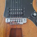Detail elektrické kytary s přírodním dřevěným povrchem a černým pickguardem. Nástroj má dva černé humbuckery, chromovaný kobylník s barevnými vložkam…